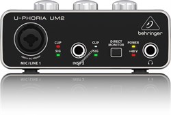 Behringer UM2 внешний звуковой интерфейс, USB2.0, 2 вх/2 вых канала, 1 мик/лин вх (комб. XLR+1/4"TRS, предусилители XENIX), 1 инструментальный вх (1/4" TS), линейный стереовыход (2х RCA), выход на наушники с режимом прямого мониторинга, ПО Tracktion 4 в к - фото 28324