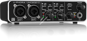 Behringer UMC202HD внешний звуковой/MIDI интерфейс, USB 2.0 , 2 вх/2 вых канала, 2 мик/лин/инстр входа (комб. XLR+1/4"TRS, предусилители MIDAS), 2 лин балансных выхода (1/4" TRS, каналы 1-2), 2 лин небалансных стереовыхода (RCA, каналы 1-4), 2 разрыва (1/