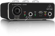Behringer UM2 внешний звуковой интерфейс, USB2.0, 2 вх/2 вых канала, 1 мик/лин вх (комб. XLR+1/4"TRS, предусилители XENIX), 1 инструментальный вх (1/4" TS), линейный стереовыход (2х RCA), выход на наушники с режимом прямого мониторинга, ПО Tracktion 4 в к