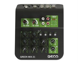 ECO GREEN MIX 21 Миниатюрный микшерный пульт. 2 микрофонно-линейных входа и 2 стереопары. 2-х полосный эквалайзер (микр\лин вход). Дополнительные вход\выход для записывающего устройства, выход на наушники. Отключаемое фантомное питание +48В. - фото 149545