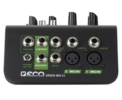 ECO GREEN MIX 21 Миниатюрный микшерный пульт. 2 микрофонно-линейных входа и 2 стереопары. 2-х полосный эквалайзер (микр\лин вход). Дополнительные вход\выход для записывающего устройства, выход на наушники. Отключаемое фантомное питание +48В. - фото 149546