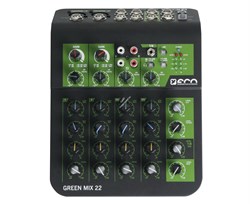 ECO GREEN MIX 22 Миниатюрный микшерный пульт со встроенным аудиоинтерфейсом. 2 микрофонно-линейных входа и 3 стереопары. 2-х полосный эквалайзер (микр\лин входы) 1 AUX SEND. Дополнительные вход\выход для записывающего устройства, выход на наушники. Отключ - фото 149564