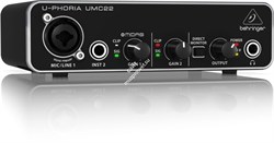 Behringer UMC22 внешний звуковой интерфейс, USB 2.0 , 2 вх/2 вых канала, 1 мик/лин вход (комб. XLR+1/4"TRS, предусилитель MIDAS), 1 инструментальный  вход (1/4" TRS), 2 лин выхода  (1/4" TRS), выход на наушники с режимом прямого мониторинга, ПО Tracktion  - фото 28323