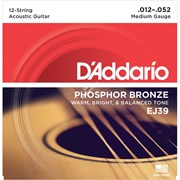 D'ADDARIO EJ39 - струны для 12-струнной гитары, с обмоткой из фосфорной бронзы, Medium 12-52