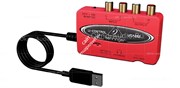 Behringer UCA222 внешний портативный звуковой интерфейс, USB2.0, 2 вх/2 вых канала. 2 линейных вх (RCA), 2 линейных вых (RCA), цифровой оптический выход Toslink, выход на наушники, регулировка громкости, ПО Tracktion 4 в комплекте, цвет красный